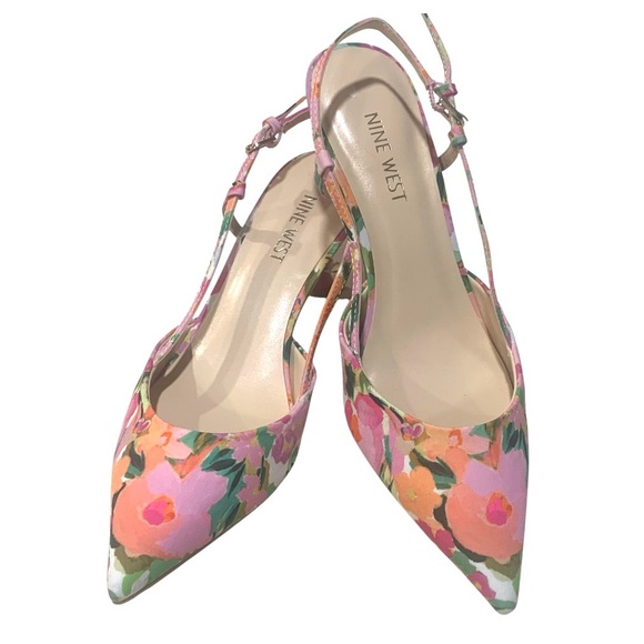 Nine West Pink Floral Slingback Heels Pointed Toe Shoes Pumps Women's Size 7 New - Picture 5 of 9